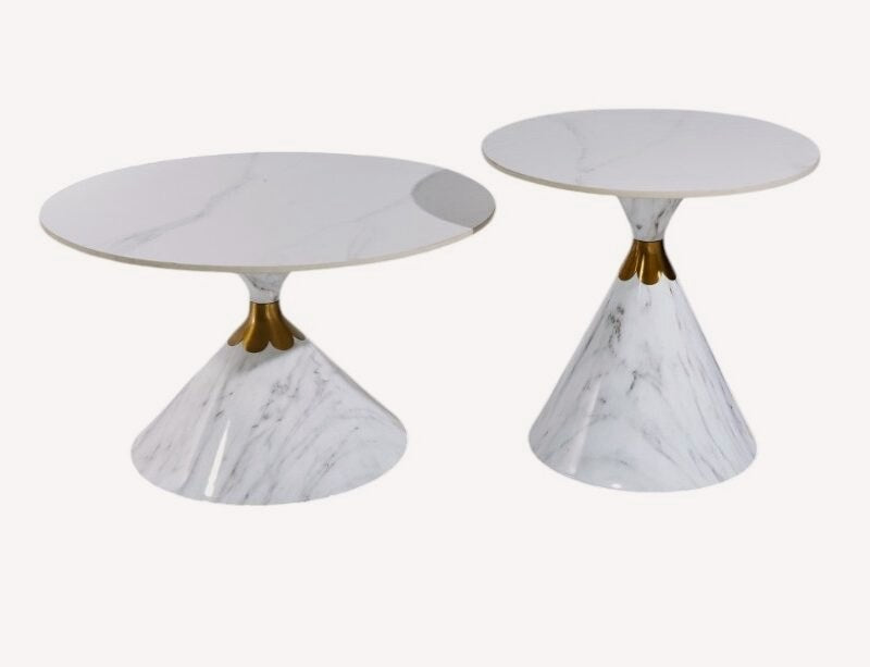 Flower pair of white marble look hourglass tables with gold waist, view 2