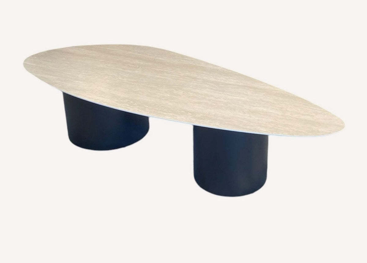 Tavor organic travertine look coffee table on navy cylinders, view 2