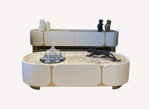Cancun cream media console and oval coffee table set with gold feet, view 2