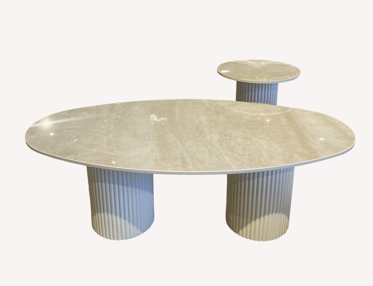 Barcelona oval marble look coffee table on fluted pedestals with side table, view 2