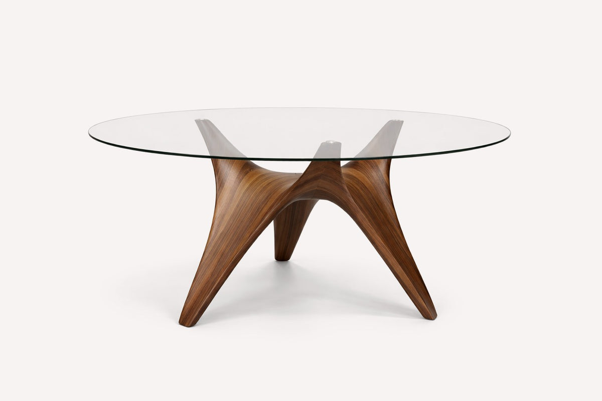 Mykonos round glass dining table on sculptural wood veneer pedestal, view 2