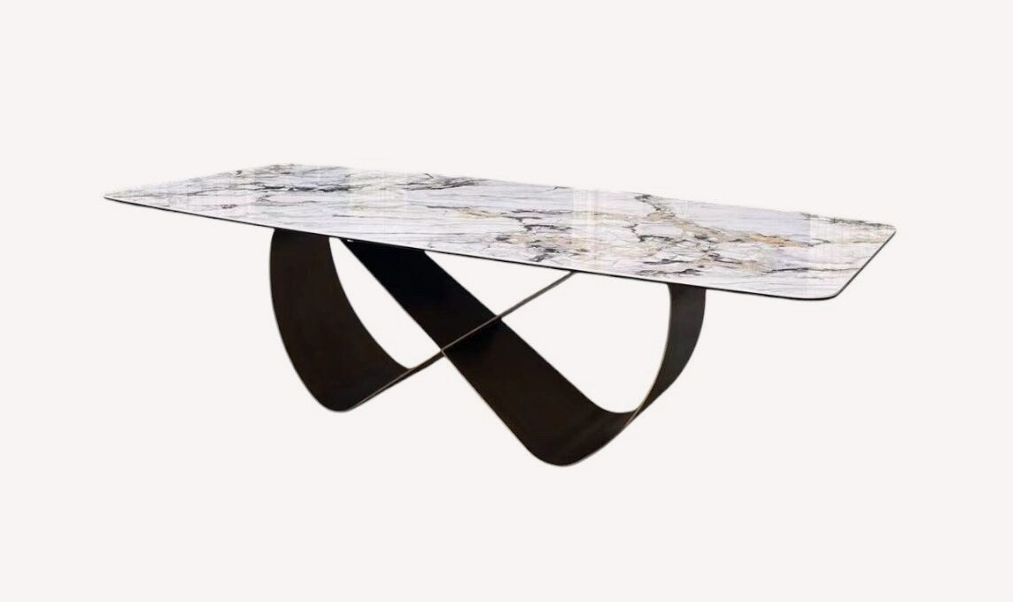 Infinity marble look porcelain dining table on looping base, view 2