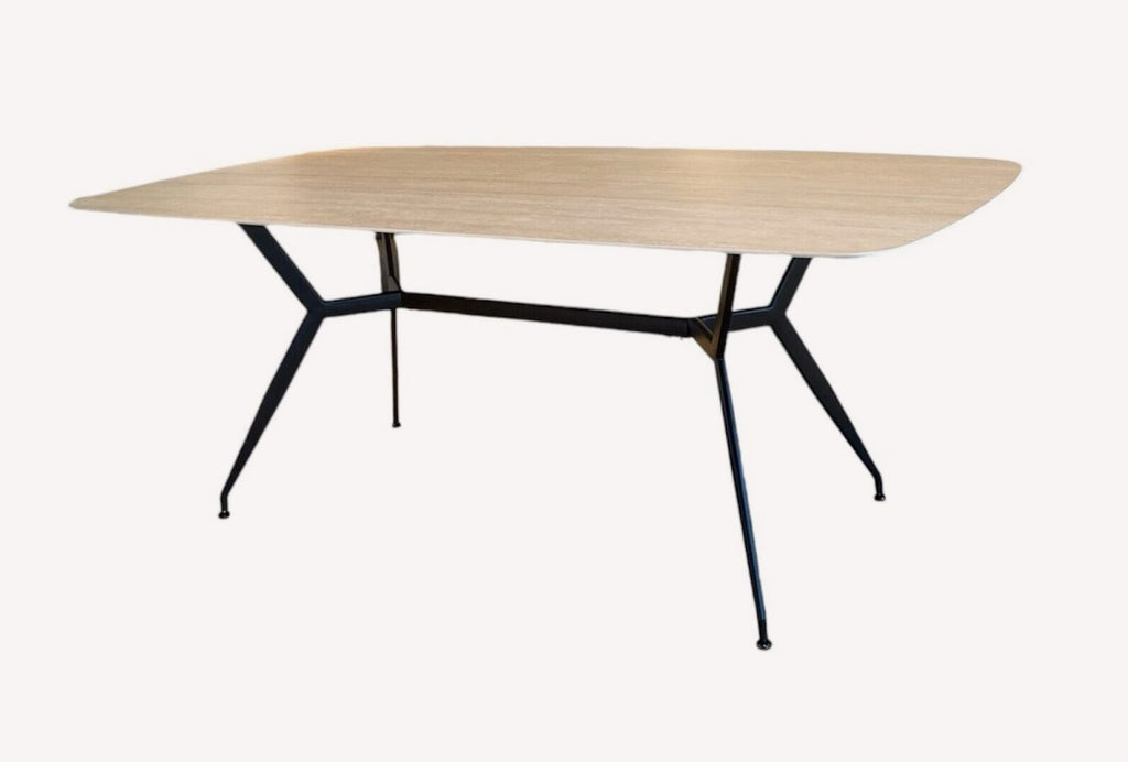 Ovali light top dining table on sculpted black metal base, view 2