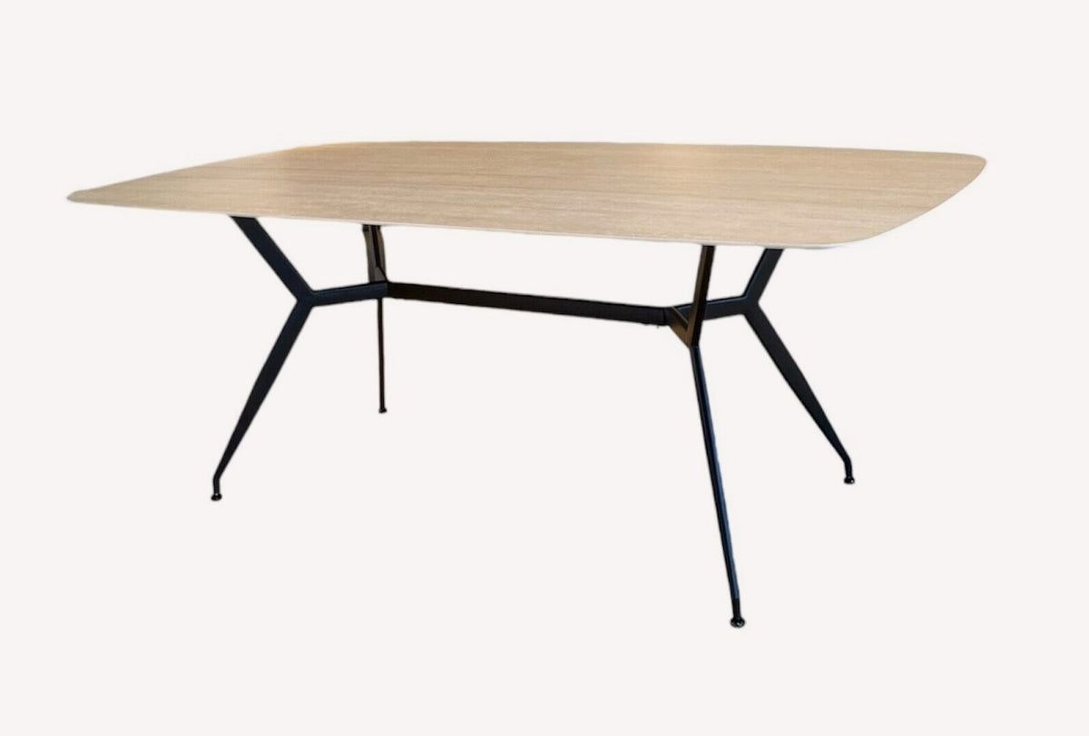 Ovali light top dining table on sculpted black metal base, view 2