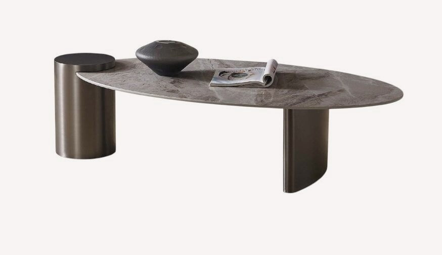 Billy oval gray marble look coffee table on bronze cylinder base, view 2