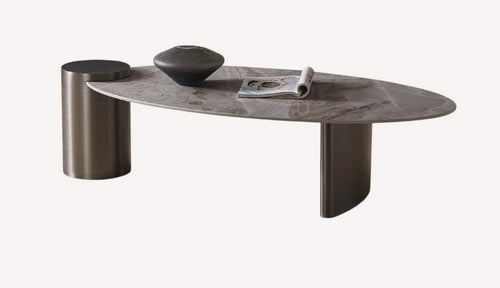 Billy oval gray marble look coffee table on bronze cylinder base, view 2