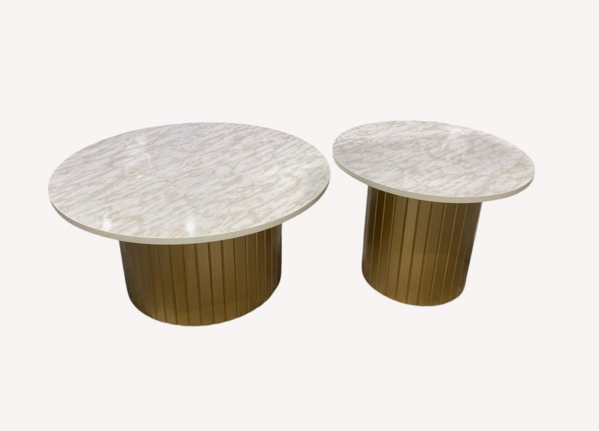 Vegas pair of marble look tables on fluted gold drums, view 2