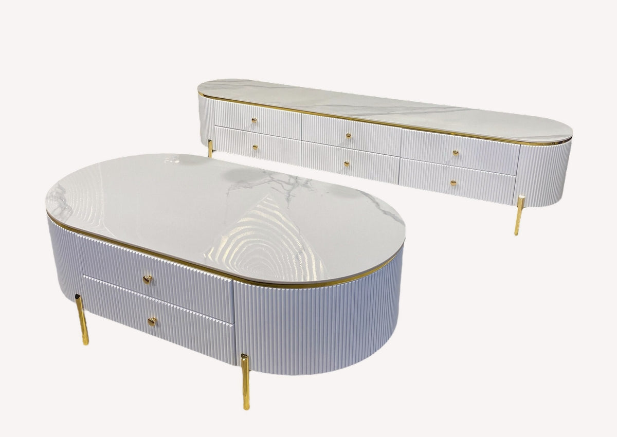 Levavit fluted white media console and oval coffee table set with gold legs, view 2