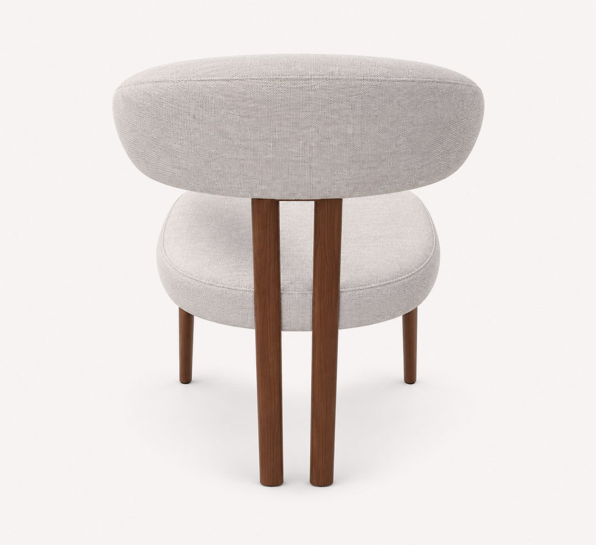 Milo curved dining armchair in light woven fabric with walnut-tone legs, view 2