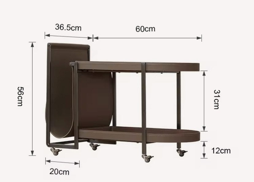 Two tier bar cart with cognac leather trays and bronze frame, view 2