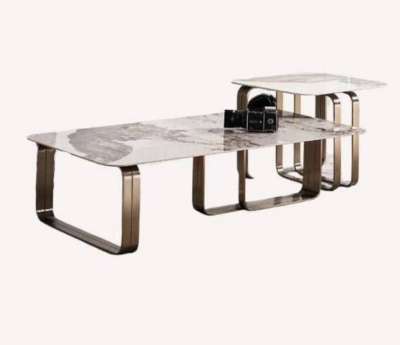 Rumble marble look coffee table and side table on bronze sled frames, view 2