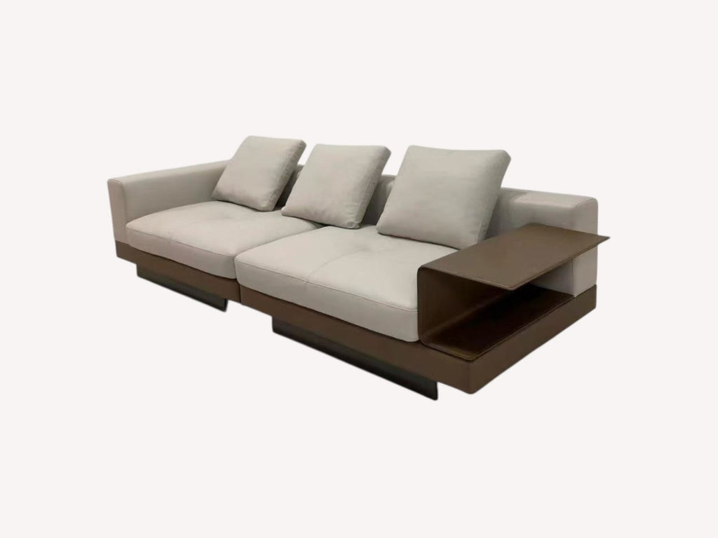 Vietnam low gray platform sofa with integrated side shelf, view 2