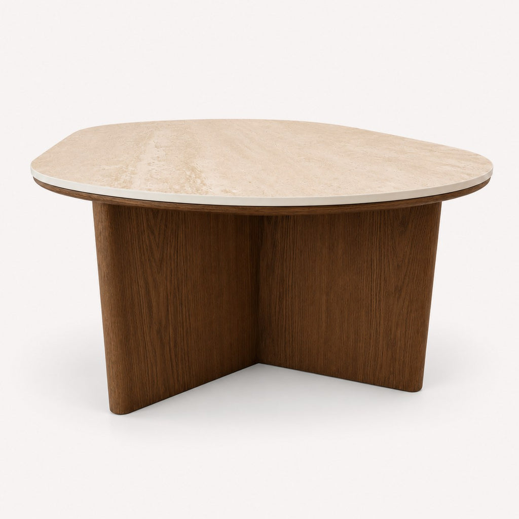 Bombay oval coffee table with light stone top on walnut base, view 2
