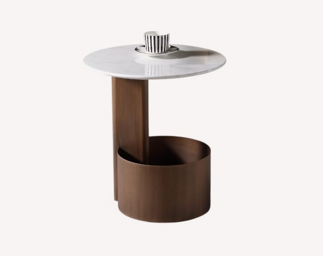 Kick side table with round white top and walnut magazine bin, view 2
