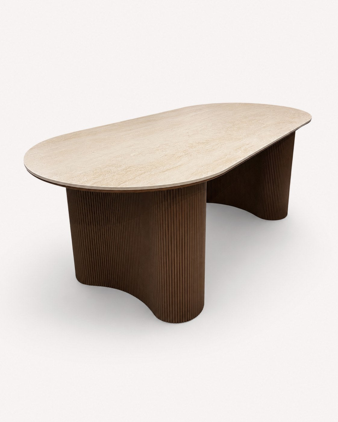 Yavan organic dining table with travertine-tone top on fluted walnut base, view 2