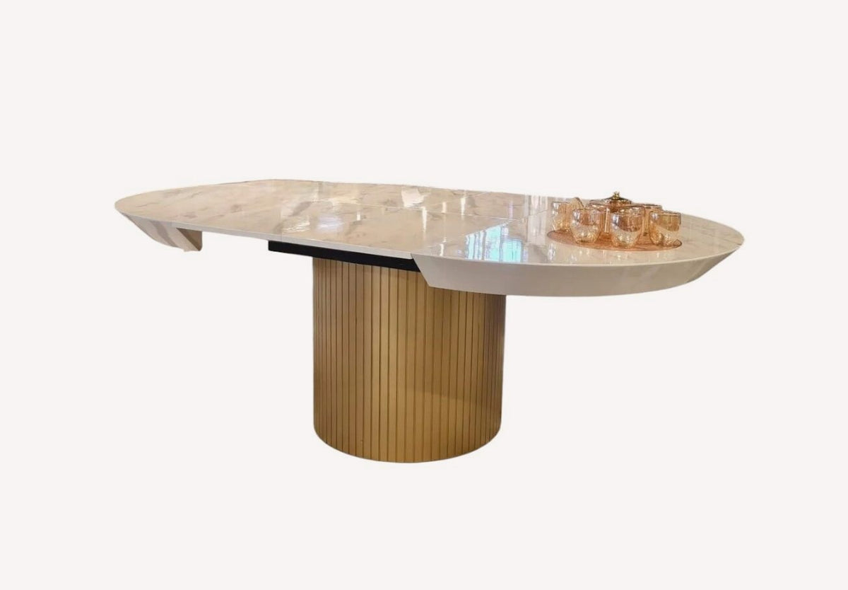 Vegas round marble look dining table on fluted gold drum, view 2