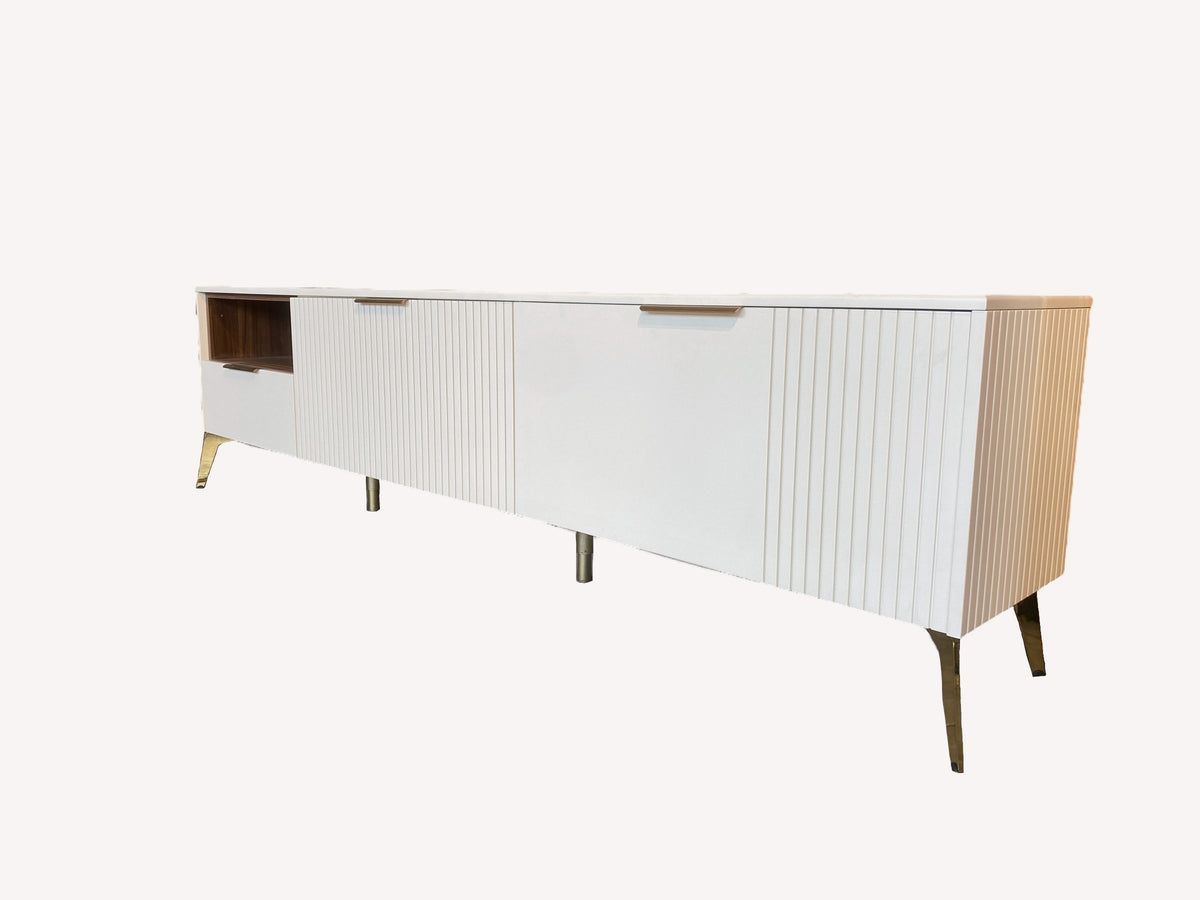 Miami white fluted media console with walnut cubby and gold tipped legs, view 2