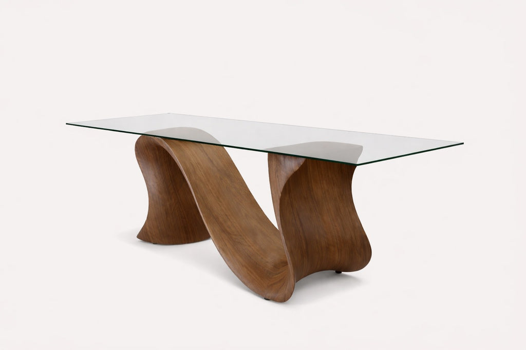 Anaconda dining table with sculptural wave wood base and glass top, view 2