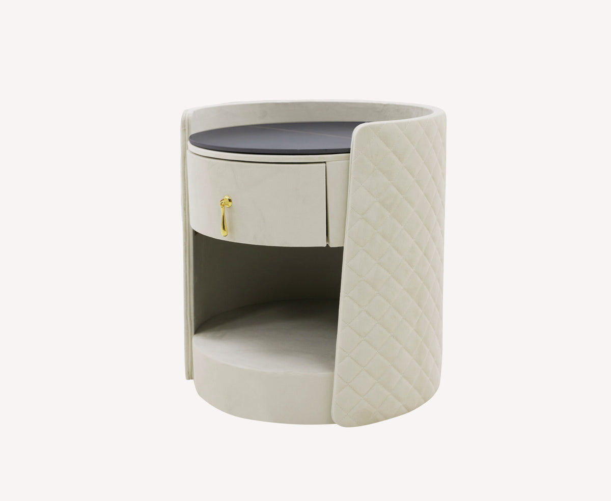 Weekend rounded cream quilted nightstand with black top and gold pull, view 2