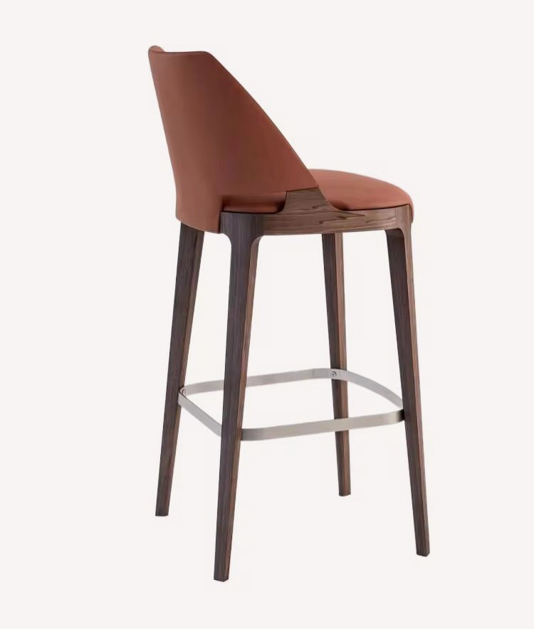 Carlos dark wood bar stool with brown upholstered angled back, view 2