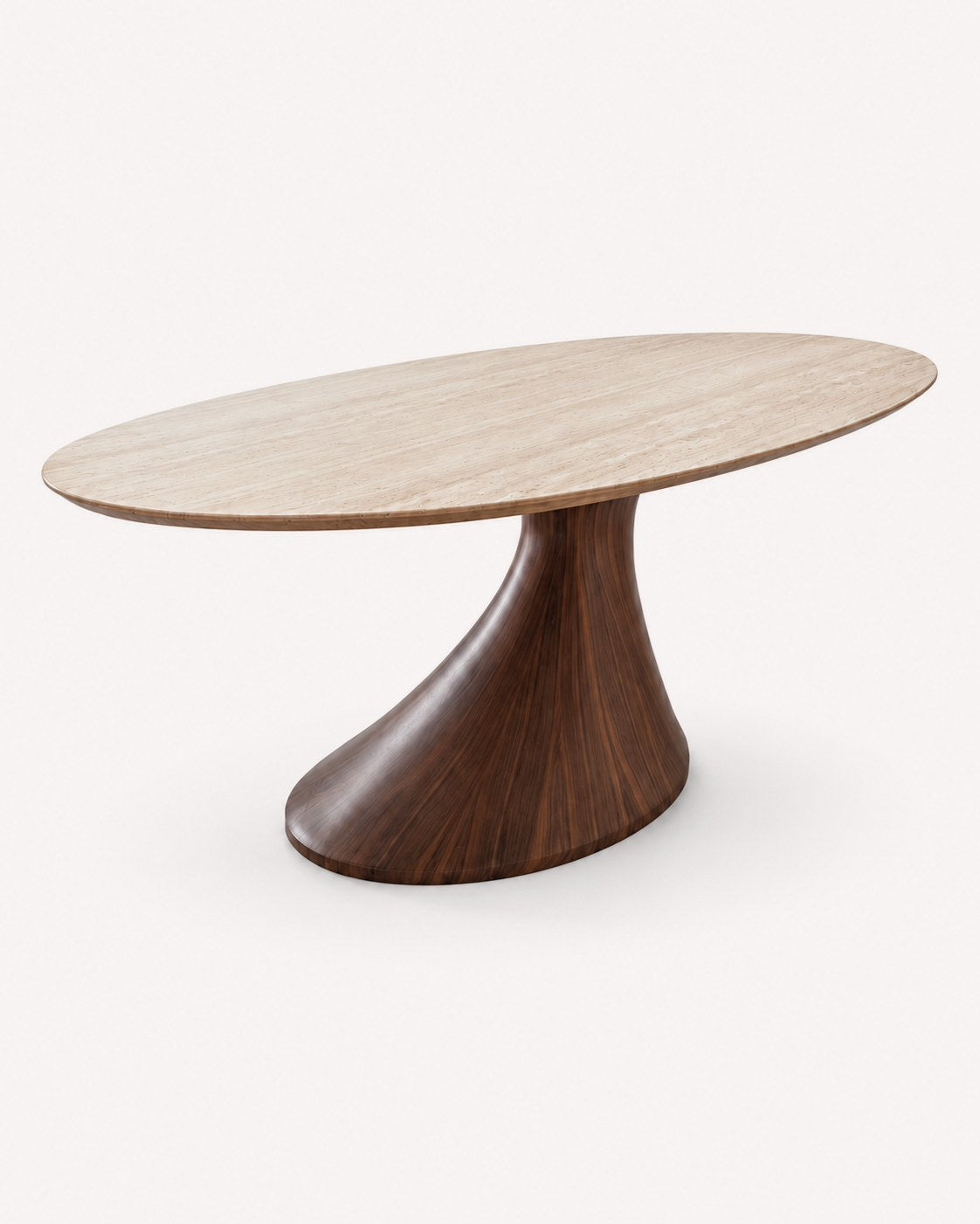 Louis travertine dining table on sculptural walnut base, view 2
