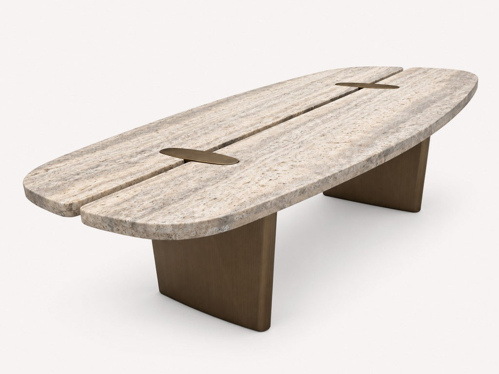 Rectangular travertine stone coffee table with brushed bronze metal base, view 2