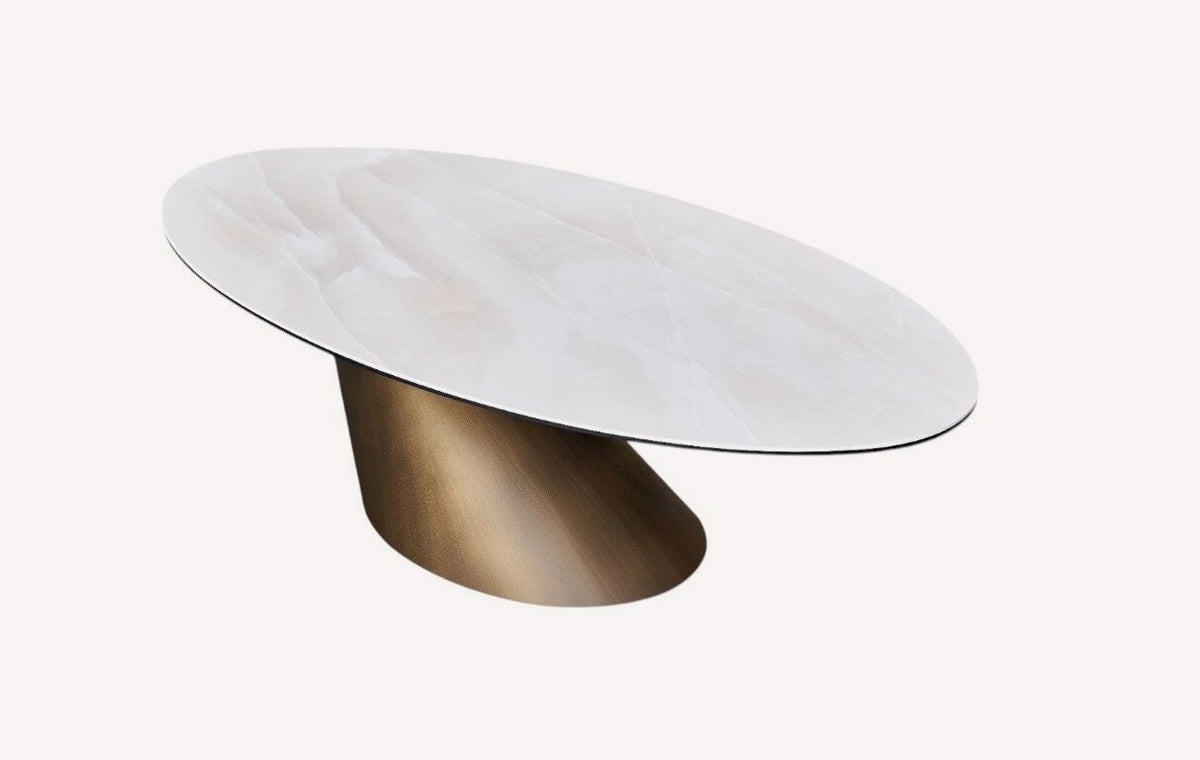 Netz oval porcelain coffee table on angled bronze cylinder base, view 2