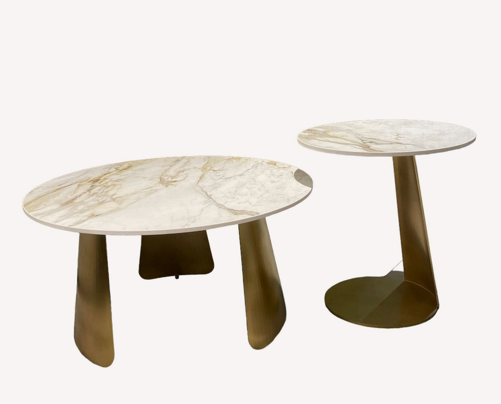 Tokyo round marble look coffee tables on curved gold legs, view 2