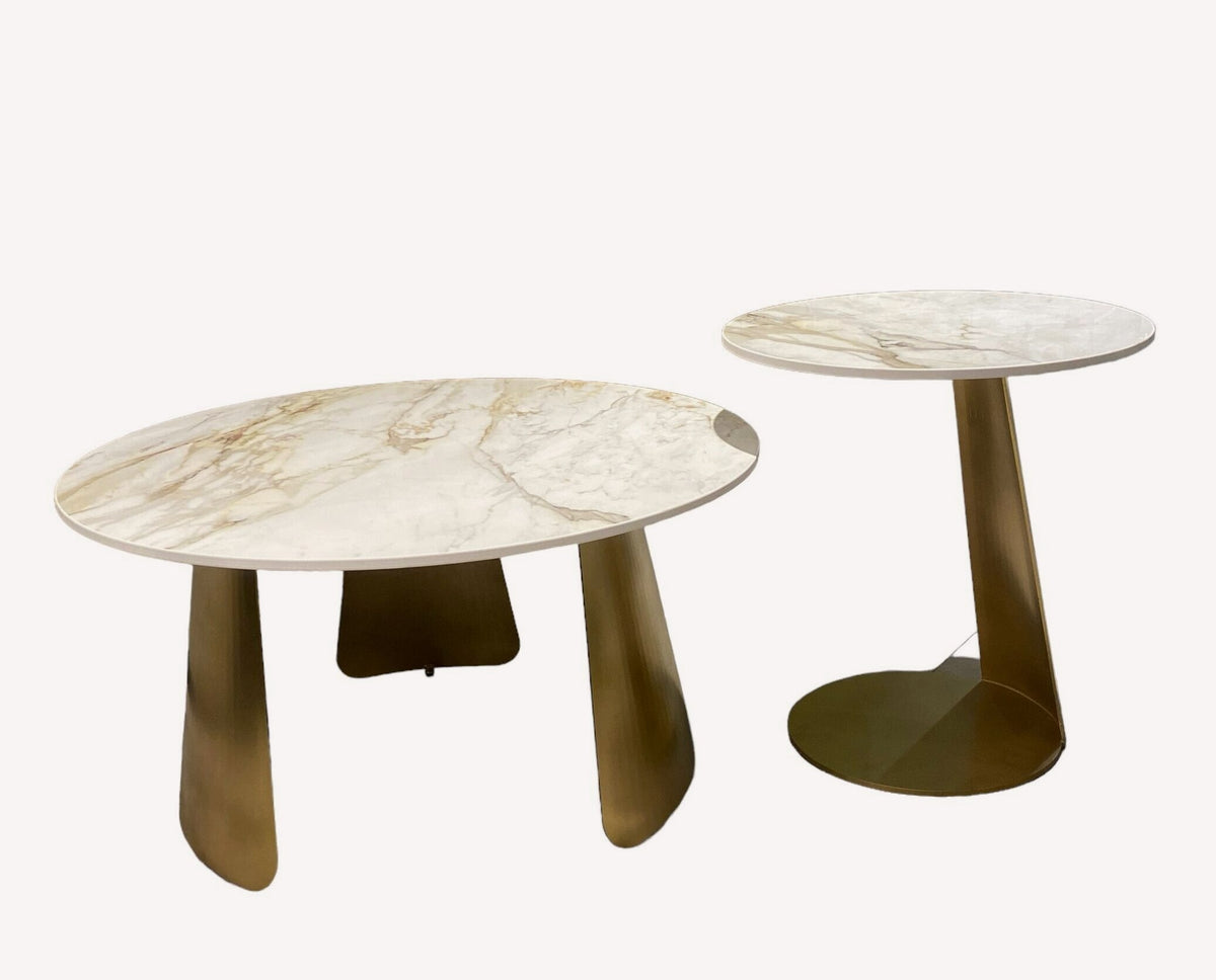 Tokyo round marble look coffee tables on curved gold legs, view 2