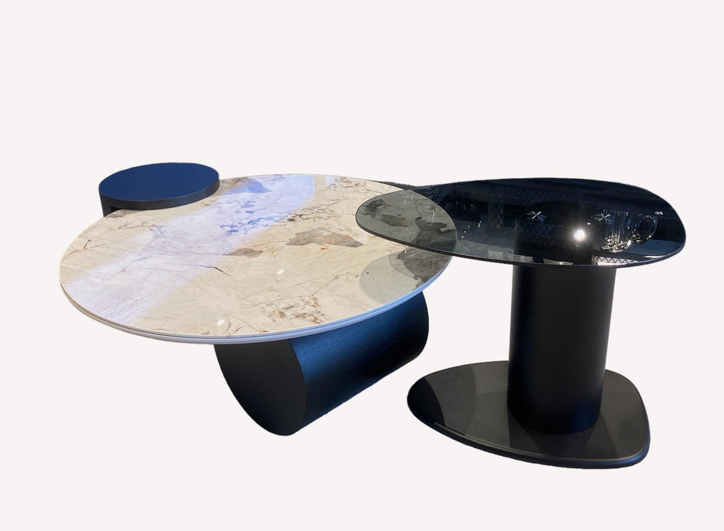 Galil marble look coffee table on black drum with smoked glass side table, view 2