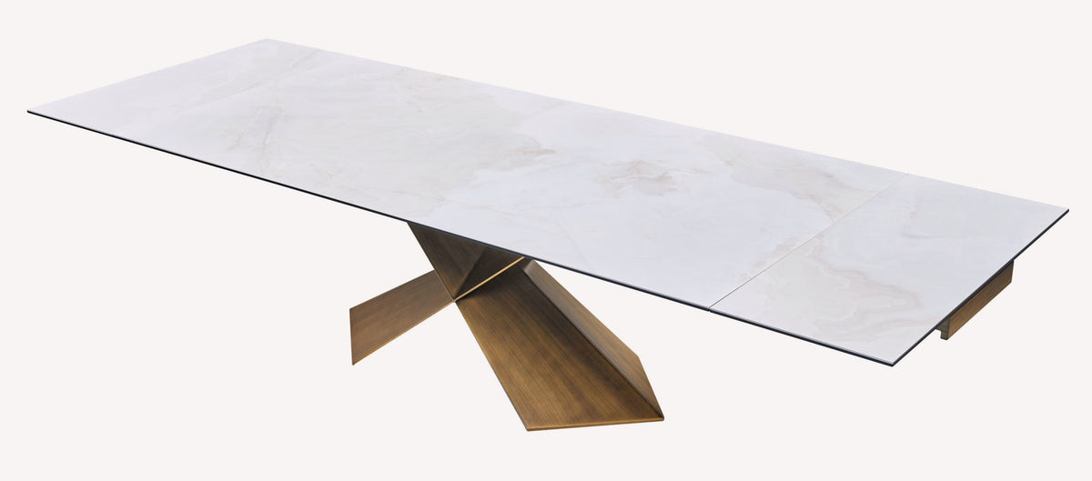 Delta extendable marble look porcelain dining table on angular bronze base, view 2