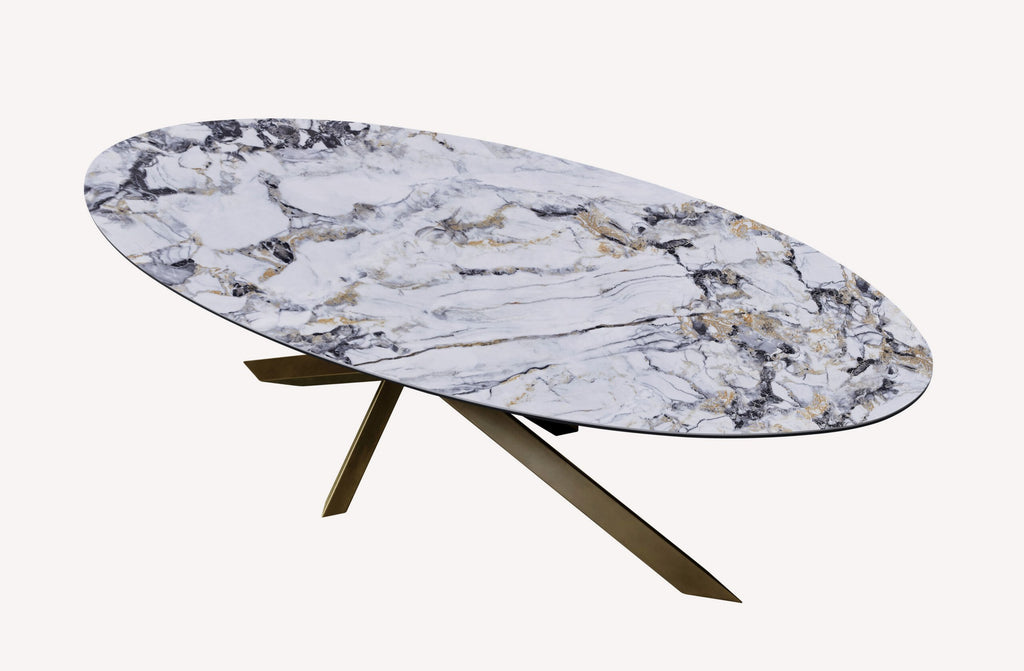 Oliver oval marble look porcelain dining table on crossed bronze base, view 2