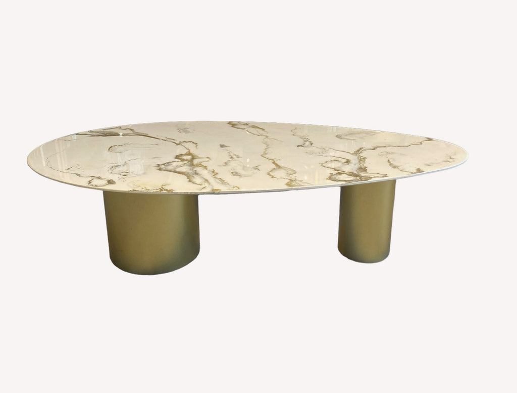 Kinder oval epoxy coffee table with gold veining on gold cylinders, view 2