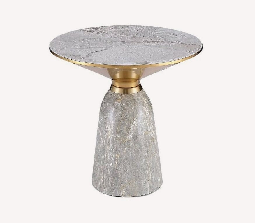 Shiny gray marble look side table with gold collar, view 2
