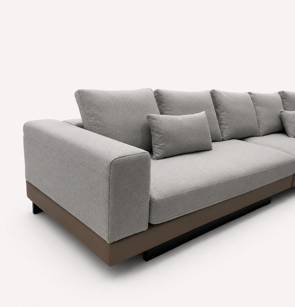 Vietnam low gray chaise sectional on dark platform with side shelf, view 2