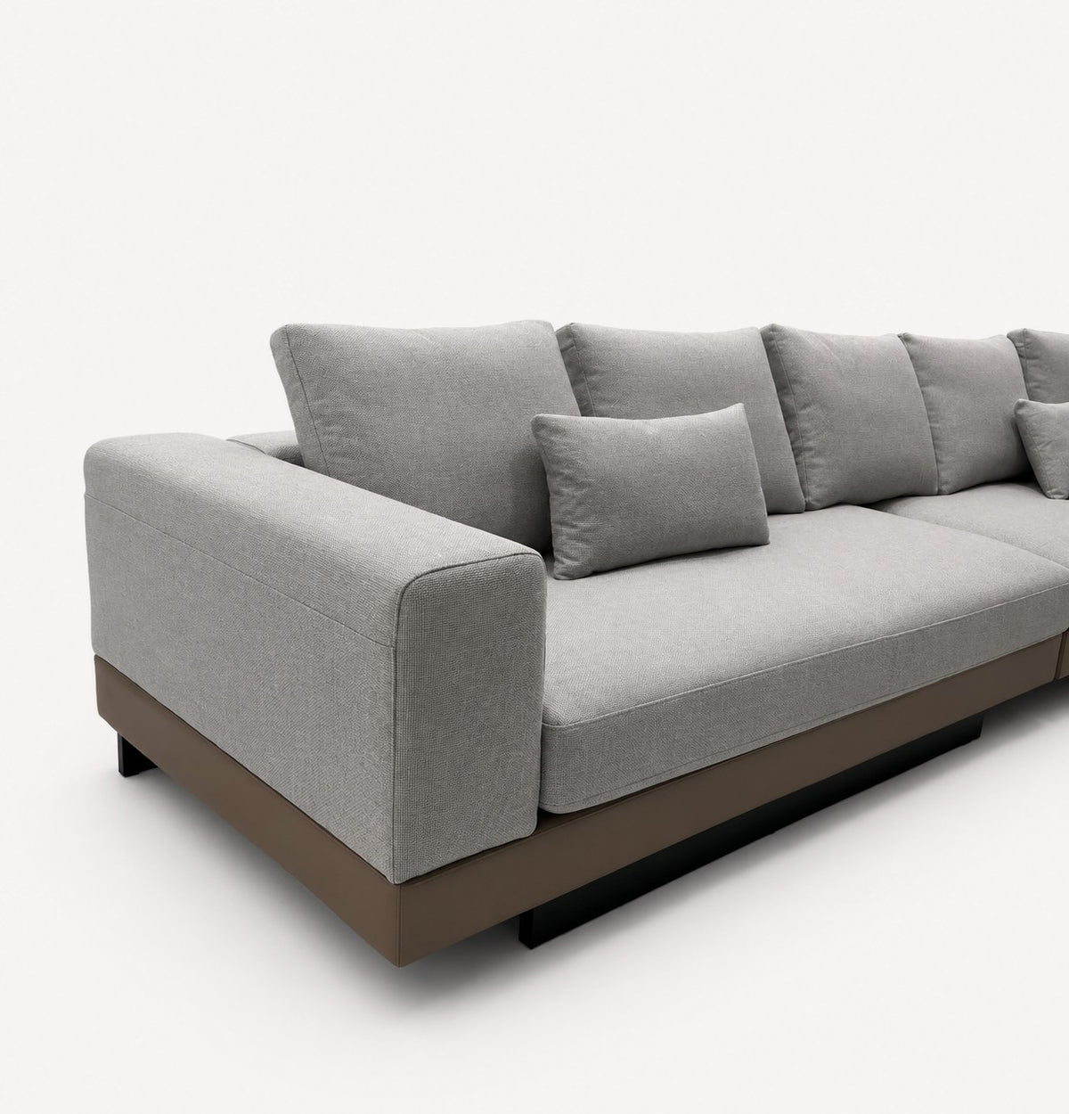 Vietnam low gray chaise sectional on dark platform with side shelf, view 2