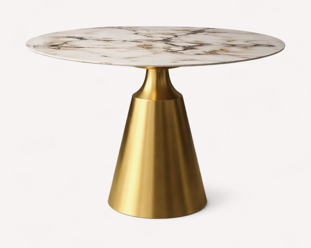 Zoey small round marble-look bistro table with matte gold cone base, view 2