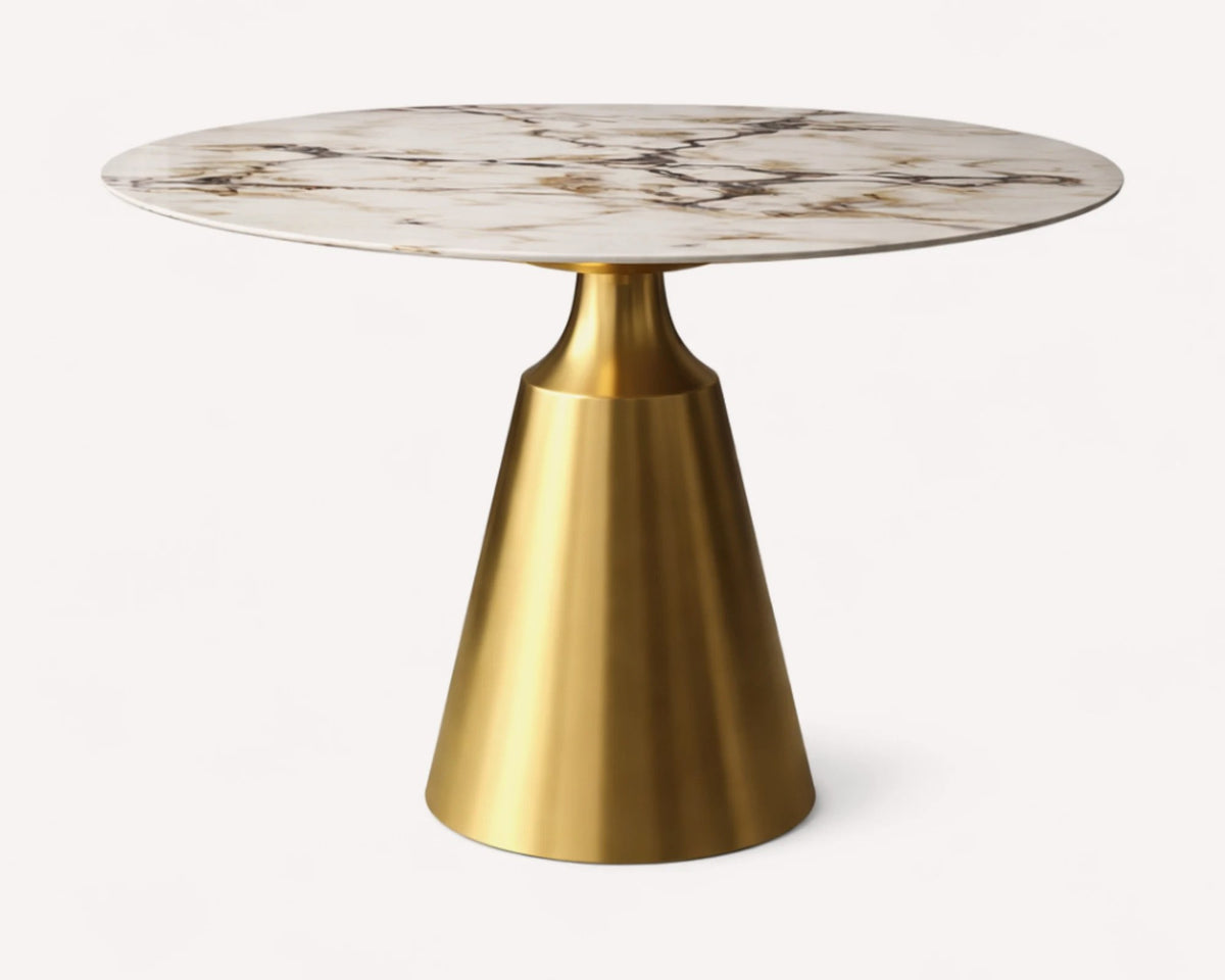 Zoey small round marble-look bistro table with matte gold cone base, view 2
