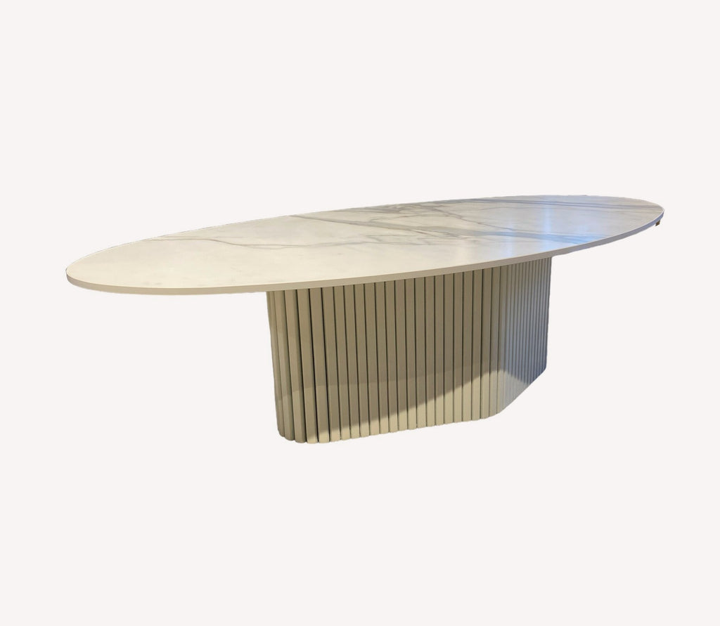 Dolce oval Italian marble coffee table on fluted base, view 2