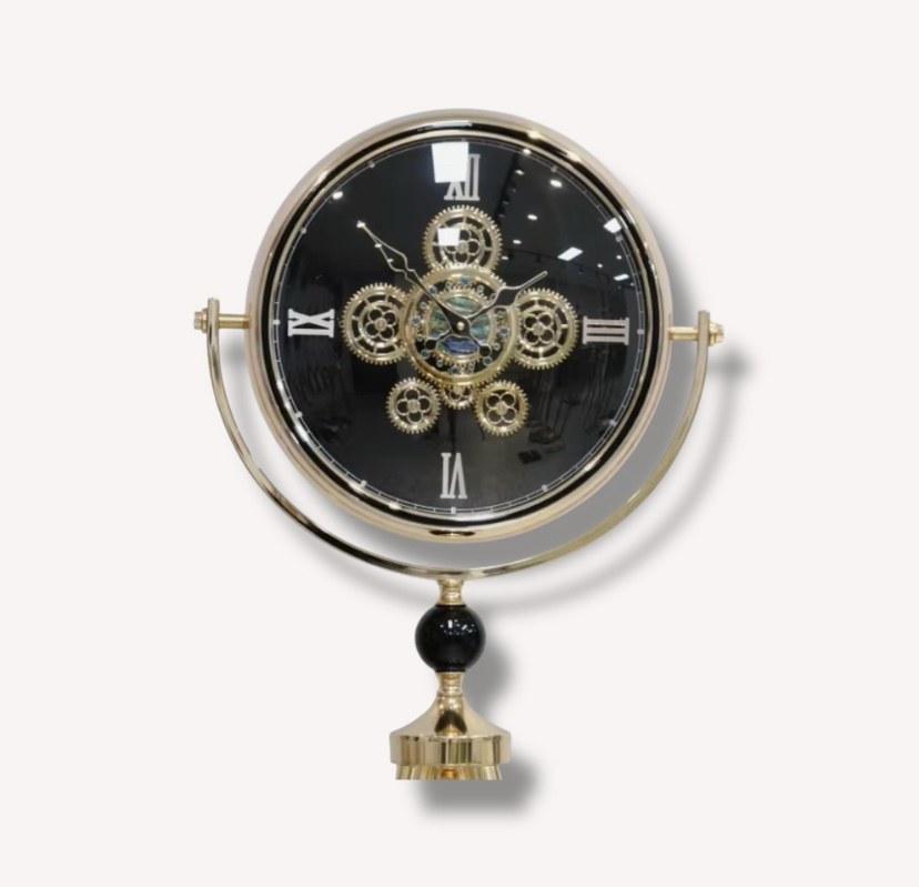 Yofi tripod floor clock with exposed gear face and gold accents, view 2