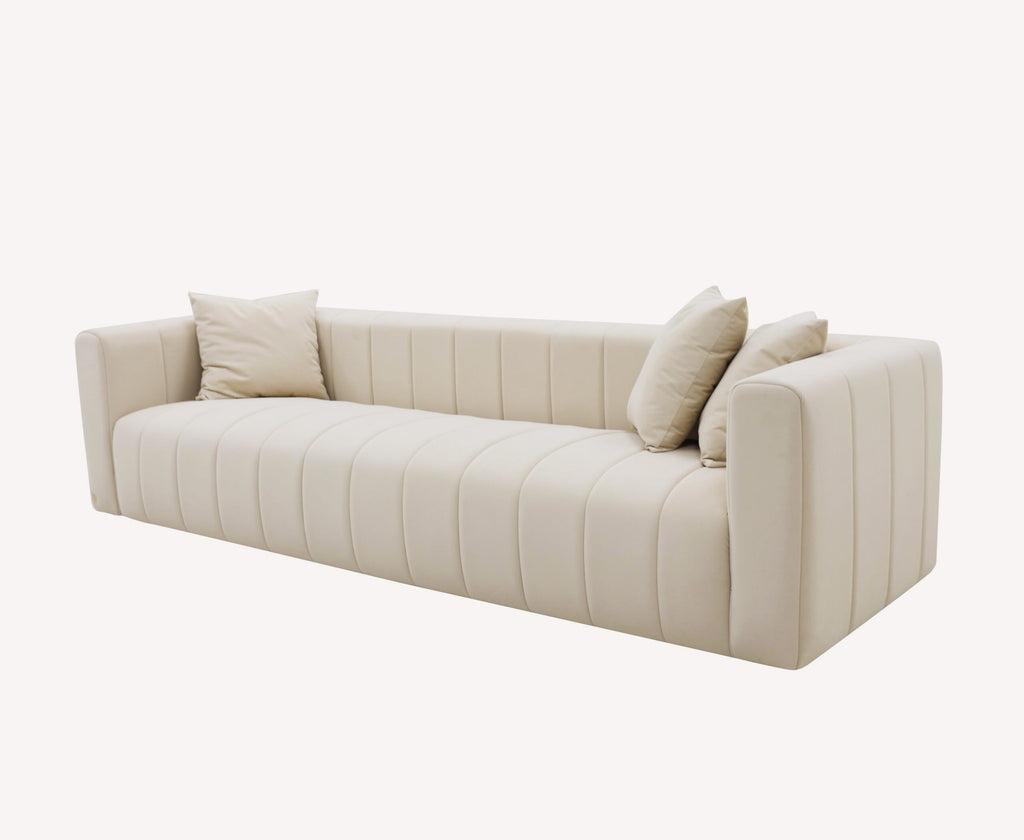 Stripes cream channel tufted sofa with track arms, view 2