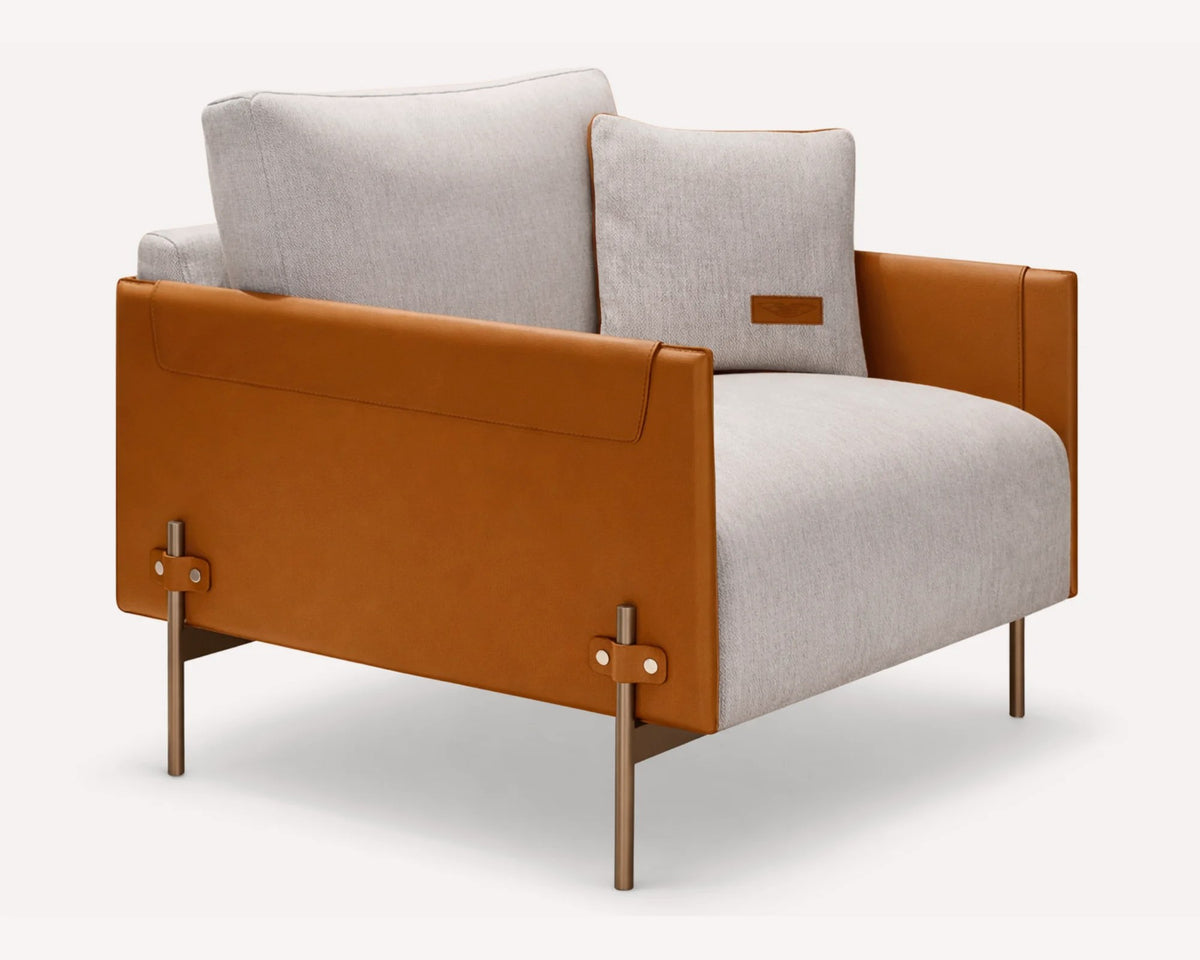 Alex accent chair in cream with camel side frames and slim metal legs, view 2
