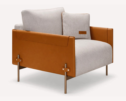 Alex accent chair in cream with camel side frames and slim metal legs, view 2