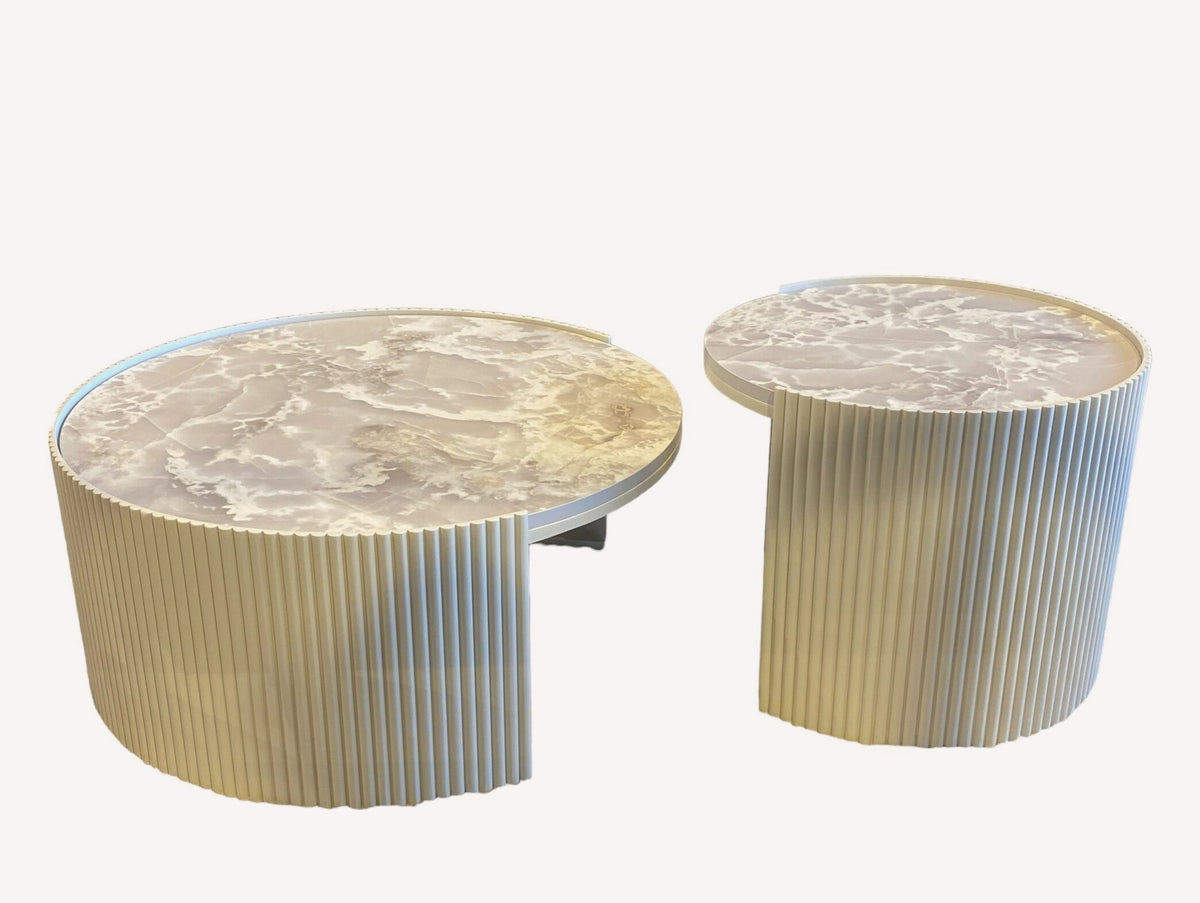 Toronto pair of fluted cream drum tables with marble look tops, view 2