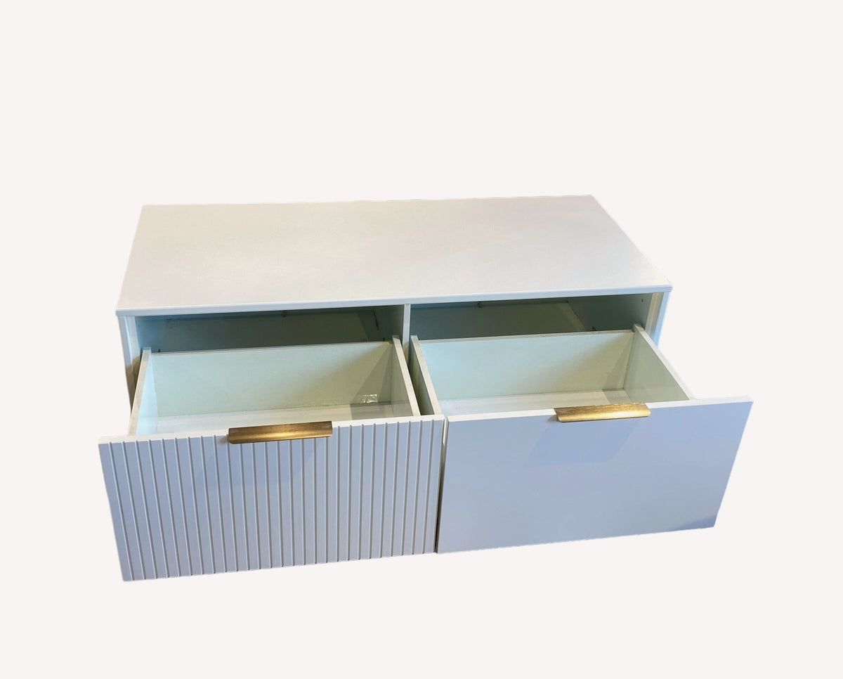 Strip white fluted block coffee table with drawers, view 2