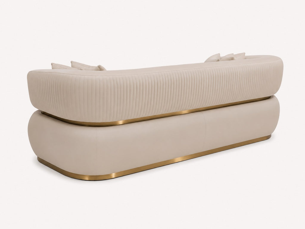 Hong Kong rounded sahara leather sofa with gold base band, view 2