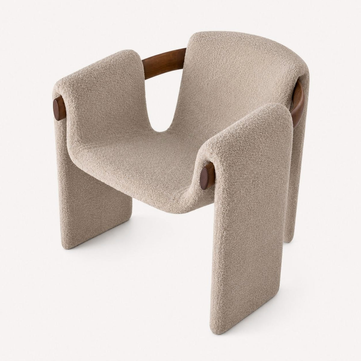 Dubai sculptural cream bouclé dining chair with natural wood, view 2