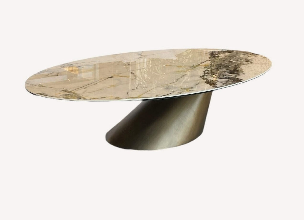 Netz oval porcelain coffee table on angled brushed gold base, view 2