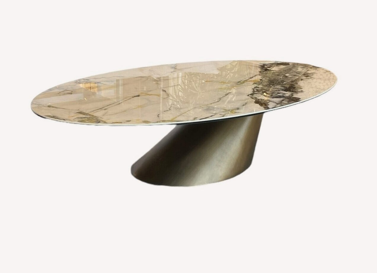 Netz oval porcelain coffee table on angled brushed gold base, view 2