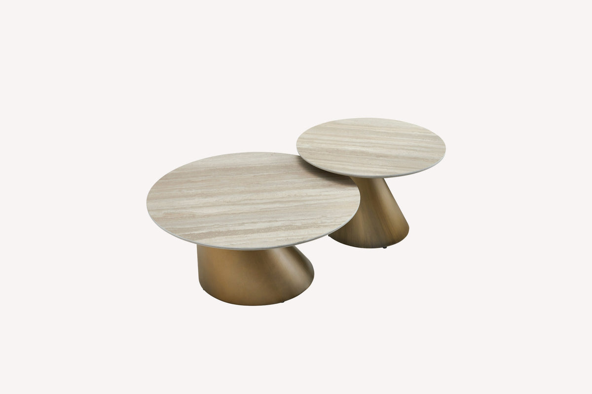 Mor pair of round travertine look porcelain coffee tables, view 2